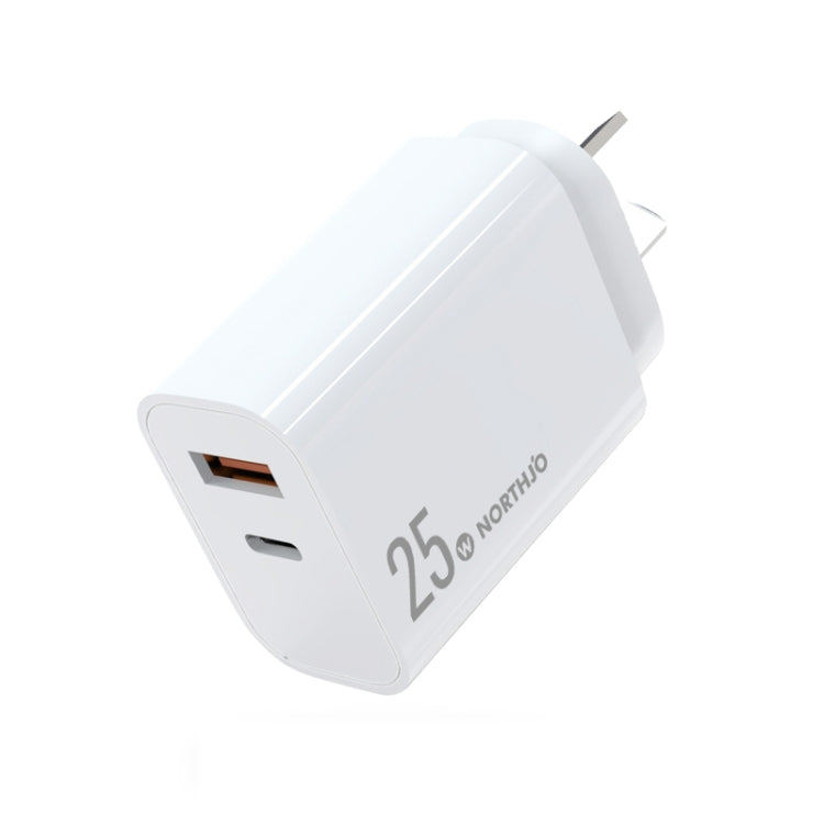NORTHJO NOPD2502 PD 25W USB-C/Type-C + QC 3.0 USB 雙埠快速充電器，美規插頭，歐規插頭，英規插頭，澳規插頭
