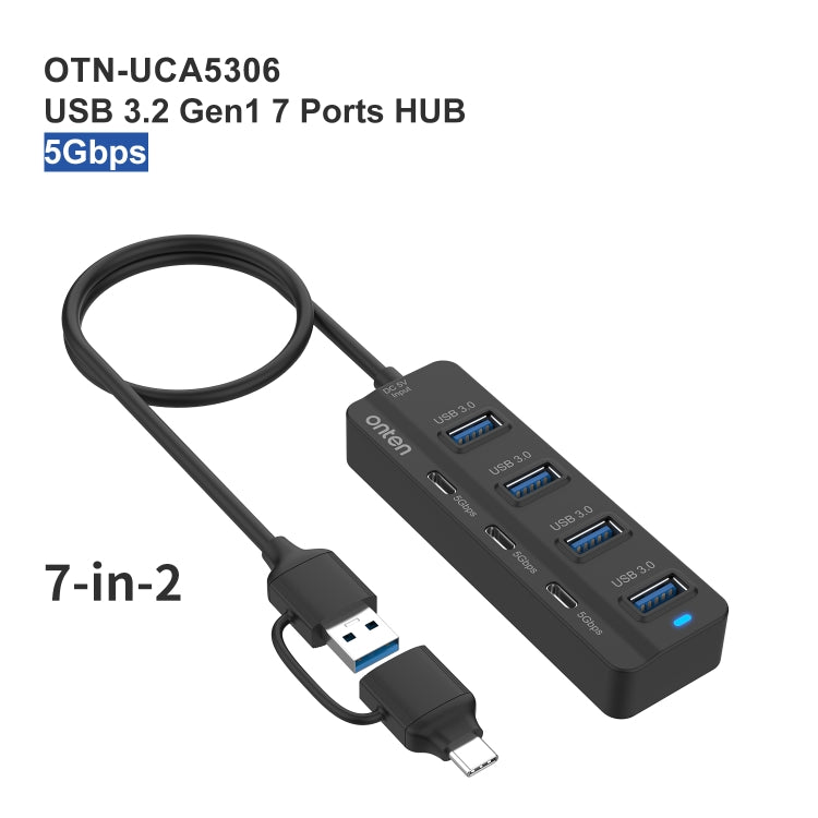 Onten UCA5306 七合二 USB3.0 + Type-C 七埠集線器擴充座，支援 OTG 功能，UCA5306