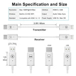 無線 HDMI 發射與接收套件，HDMI 無線延伸器轉接器，1080P 60fps 視頻音訊投影用於電腦、筆電、相機至 HDTV/投影機
