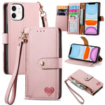 愛心拉鍊掛繩皮革手機殼，適用於 iPhone 11、iPhone 11 Pro、iPhone X / XS、iPhone XR、iPhone XS Max、iPhone 7 Plus / 8 Plus、iPhone 6 Plus / 6s Plus、iPhone 6 / 6s