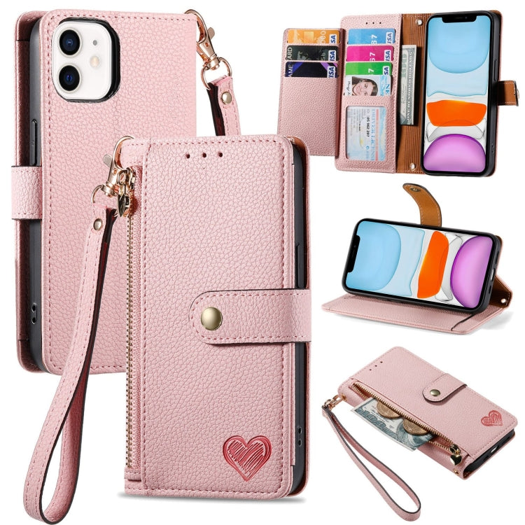 愛心拉鍊掛繩皮革手機殼，適用於 iPhone 11、iPhone 11 Pro、iPhone X / XS、iPhone XR、iPhone XS Max、iPhone 7 Plus / 8 Plus、iPhone 6 Plus / 6s Plus、iPhone 6 / 6s