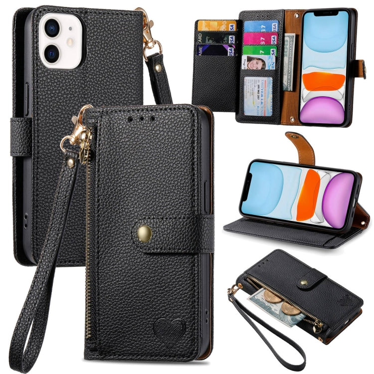 愛心拉鍊掛繩皮革手機殼，適用於 iPhone 11、iPhone 11 Pro、iPhone X / XS、iPhone XR、iPhone XS Max、iPhone 7 Plus / 8 Plus、iPhone 6 Plus / 6s Plus、iPhone 6 / 6s