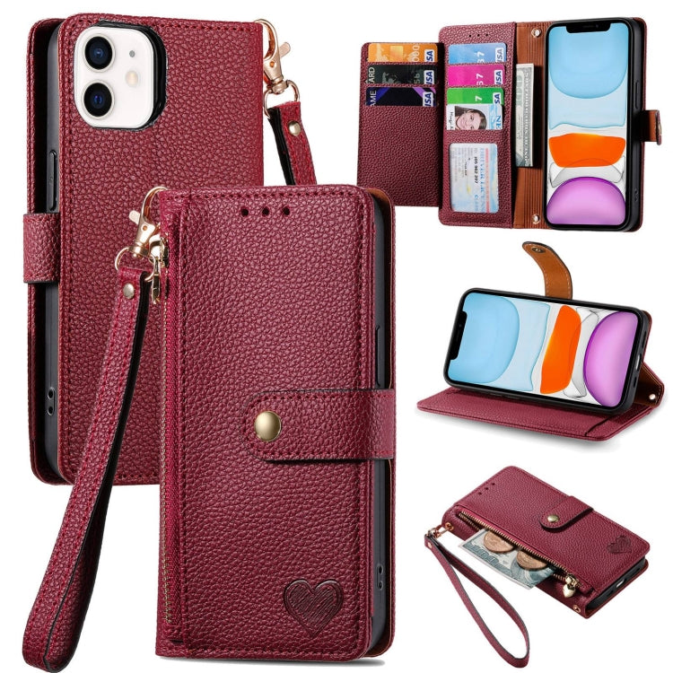 愛心拉鍊掛繩皮革手機殼，適用於 iPhone 11、iPhone 11 Pro、iPhone X / XS、iPhone XR、iPhone XS Max、iPhone 7 Plus / 8 Plus、iPhone 6 Plus / 6s Plus、iPhone 6 / 6s