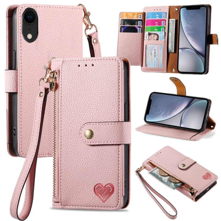 愛心拉鍊掛繩皮革手機殼，適用於 iPhone 11、iPhone 11 Pro、iPhone X / XS、iPhone XR、iPhone XS Max、iPhone 7 Plus / 8 Plus、iPhone 6 Plus / 6s Plus、iPhone 6 / 6s