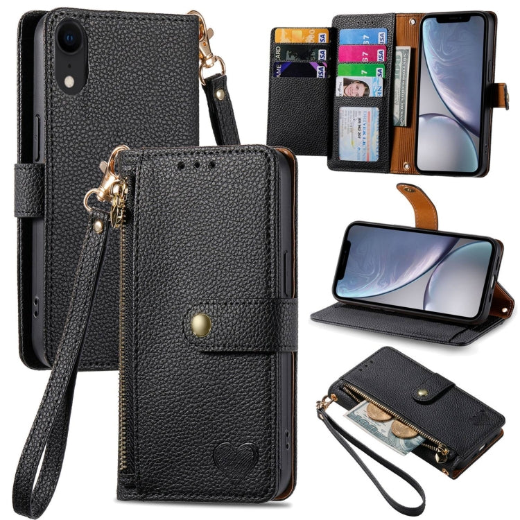 愛心拉鍊掛繩皮革手機殼，適用於 iPhone 11、iPhone 11 Pro、iPhone X / XS、iPhone XR、iPhone XS Max、iPhone 7 Plus / 8 Plus、iPhone 6 Plus / 6s Plus、iPhone 6 / 6s