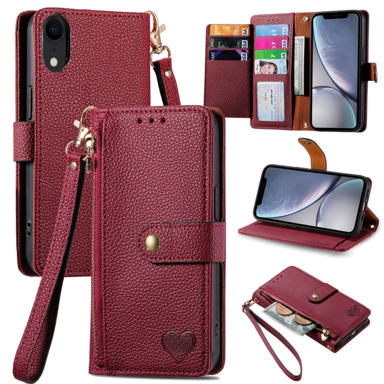 愛心拉鍊掛繩皮革手機殼，適用於 iPhone 11、iPhone 11 Pro、iPhone X / XS、iPhone XR、iPhone XS Max、iPhone 7 Plus / 8 Plus、iPhone 6 Plus / 6s Plus、iPhone 6 / 6s