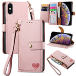 愛心拉鍊掛繩皮革手機殼，適用於 iPhone 11、iPhone 11 Pro、iPhone X / XS、iPhone XR、iPhone XS Max、iPhone 7 Plus / 8 Plus、iPhone 6 Plus / 6s Plus、iPhone 6 / 6s