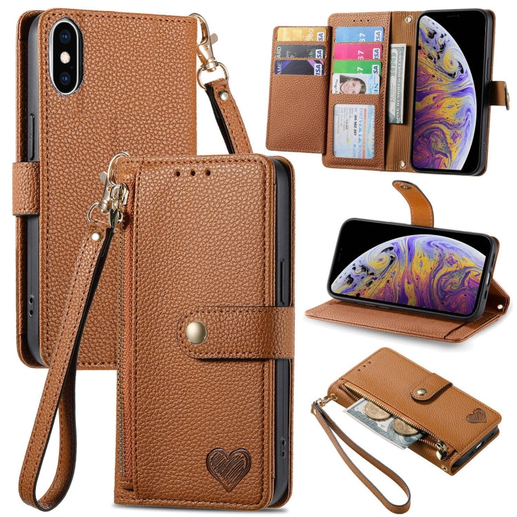 愛心拉鍊掛繩皮革手機殼，適用於 iPhone 11、iPhone 11 Pro、iPhone X / XS、iPhone XR、iPhone XS Max、iPhone 7 Plus / 8 Plus、iPhone 6 Plus / 6s Plus、iPhone 6 / 6s