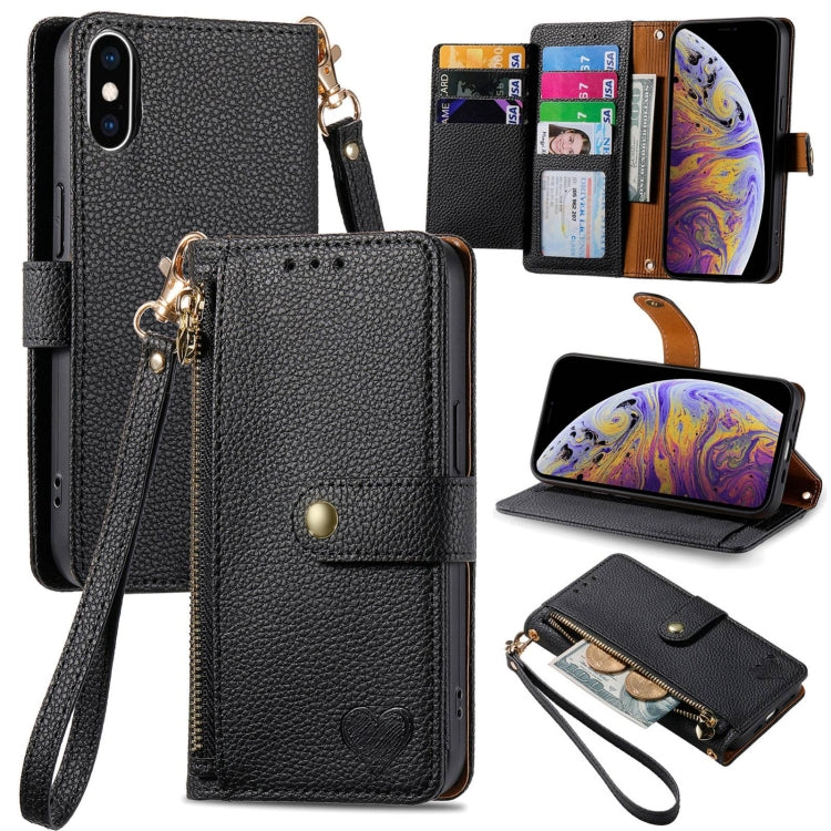 愛心拉鍊掛繩皮革手機殼，適用於 iPhone 11、iPhone 11 Pro、iPhone X / XS、iPhone XR、iPhone XS Max、iPhone 7 Plus / 8 Plus、iPhone 6 Plus / 6s Plus、iPhone 6 / 6s