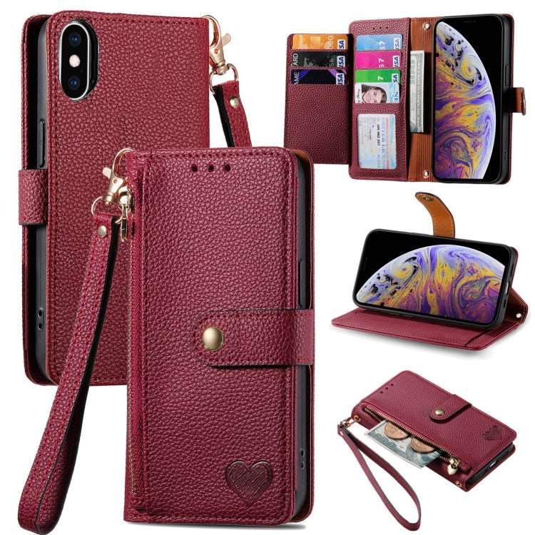 愛心拉鍊掛繩皮革手機殼，適用於 iPhone 11、iPhone 11 Pro、iPhone X / XS、iPhone XR、iPhone XS Max、iPhone 7 Plus / 8 Plus、iPhone 6 Plus / 6s Plus、iPhone 6 / 6s