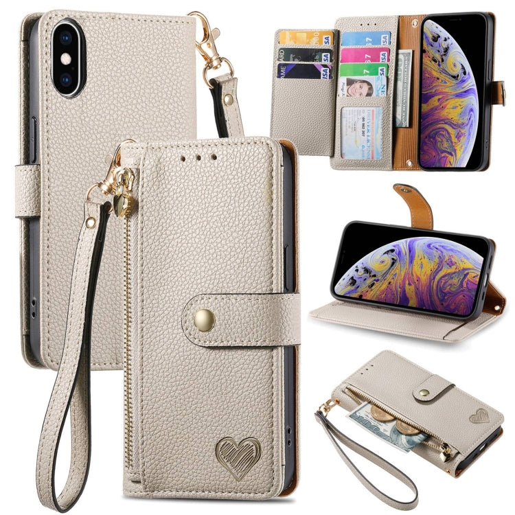 愛心拉鍊掛繩皮革手機殼，適用於 iPhone 11、iPhone 11 Pro、iPhone X / XS、iPhone XR、iPhone XS Max、iPhone 7 Plus / 8 Plus、iPhone 6 Plus / 6s Plus、iPhone 6 / 6s