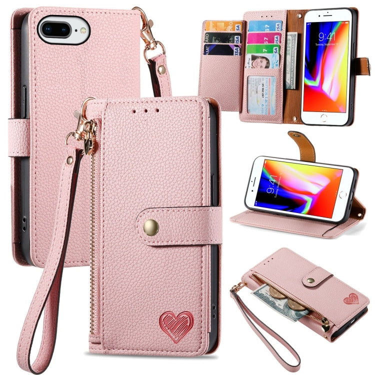 愛心拉鍊掛繩皮革手機殼，適用於 iPhone 11、iPhone 11 Pro、iPhone X / XS、iPhone XR、iPhone XS Max、iPhone 7 Plus / 8 Plus、iPhone 6 Plus / 6s Plus、iPhone 6 / 6s