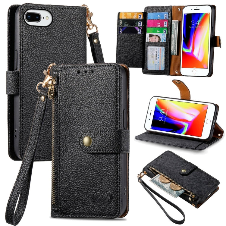 愛心拉鍊掛繩皮革手機殼，適用於 iPhone 11、iPhone 11 Pro、iPhone X / XS、iPhone XR、iPhone XS Max、iPhone 7 Plus / 8 Plus、iPhone 6 Plus / 6s Plus、iPhone 6 / 6s