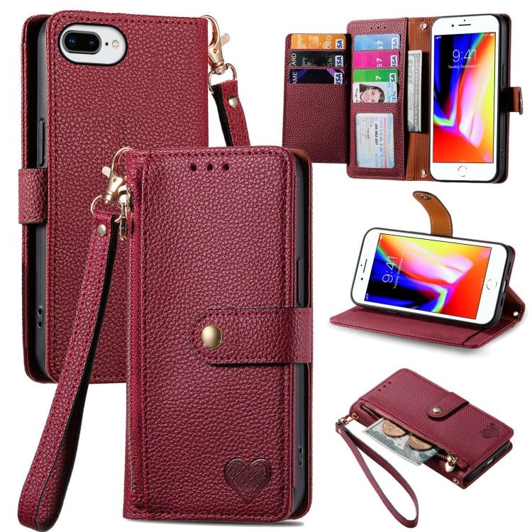 愛心拉鍊掛繩皮革手機殼，適用於 iPhone 11、iPhone 11 Pro、iPhone X / XS、iPhone XR、iPhone XS Max、iPhone 7 Plus / 8 Plus、iPhone 6 Plus / 6s Plus、iPhone 6 / 6s