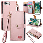 愛心拉鍊掛繩皮革手機殼，適用於 iPhone 11、iPhone 11 Pro、iPhone X / XS、iPhone XR、iPhone XS Max、iPhone 7 Plus / 8 Plus、iPhone 6 Plus / 6s Plus、iPhone 6 / 6s