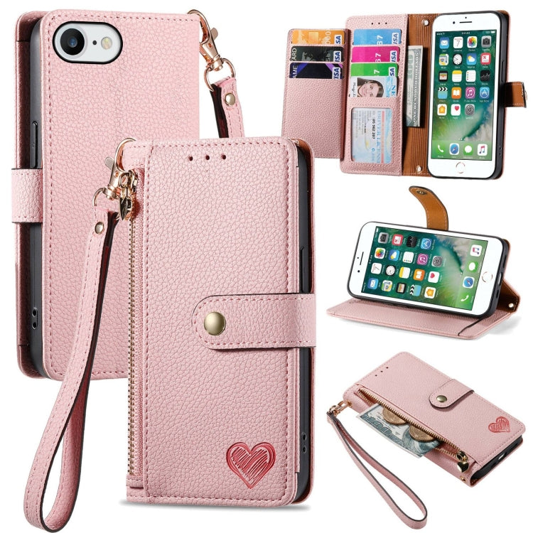 愛心拉鍊掛繩皮革手機殼，適用於 iPhone 11、iPhone 11 Pro、iPhone X / XS、iPhone XR、iPhone XS Max、iPhone 7 Plus / 8 Plus、iPhone 6 Plus / 6s Plus、iPhone 6 / 6s