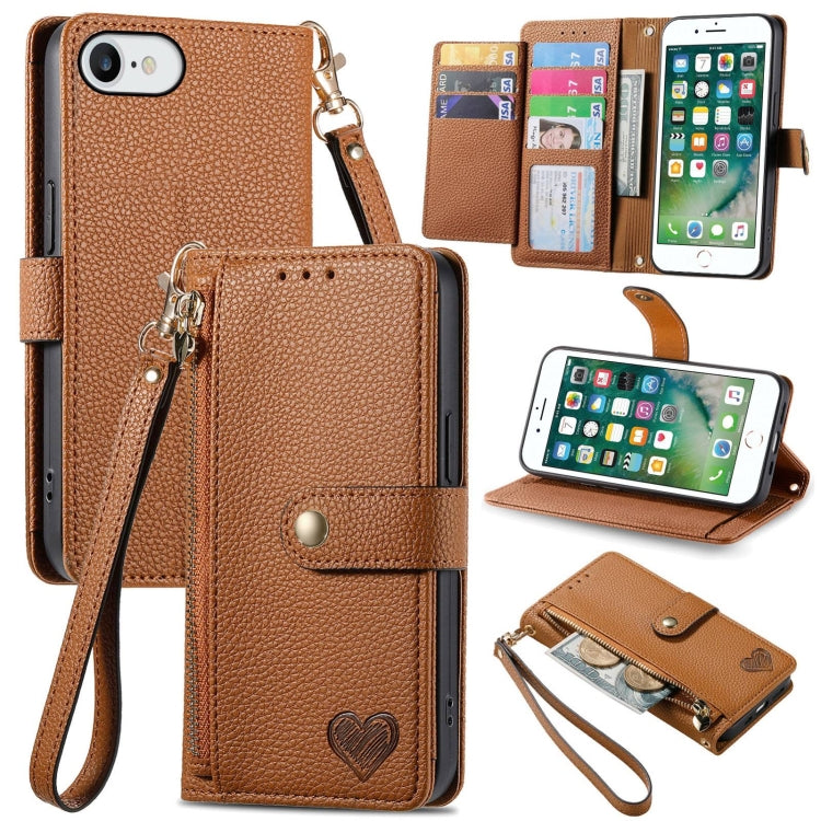 愛心拉鍊掛繩皮革手機殼，適用於 iPhone 11、iPhone 11 Pro、iPhone X / XS、iPhone XR、iPhone XS Max、iPhone 7 Plus / 8 Plus、iPhone 6 Plus / 6s Plus、iPhone 6 / 6s