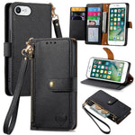 愛心拉鍊掛繩皮革手機殼，適用於 iPhone 11、iPhone 11 Pro、iPhone X / XS、iPhone XR、iPhone XS Max、iPhone 7 Plus / 8 Plus、iPhone 6 Plus / 6s Plus、iPhone 6 / 6s