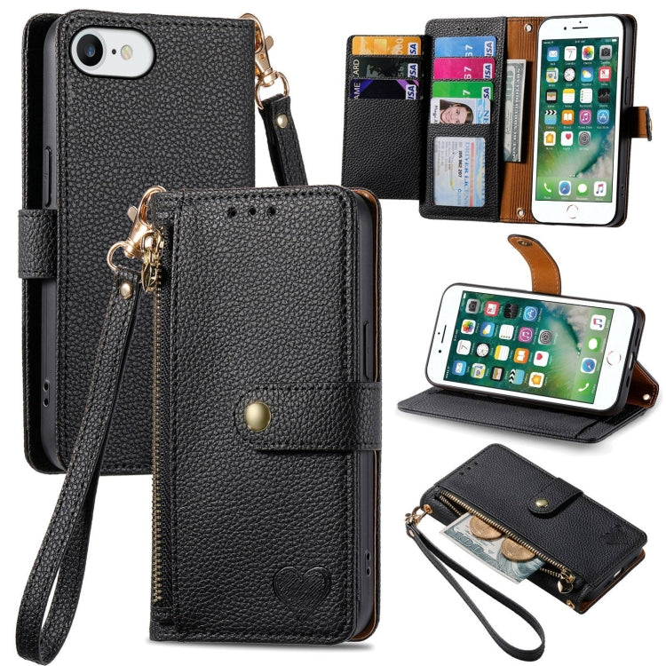 愛心拉鍊掛繩皮革手機殼，適用於 iPhone 11、iPhone 11 Pro、iPhone X / XS、iPhone XR、iPhone XS Max、iPhone 7 Plus / 8 Plus、iPhone 6 Plus / 6s Plus、iPhone 6 / 6s
