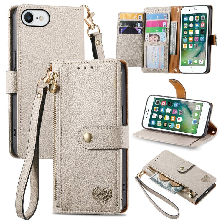 愛心拉鍊掛繩皮革手機殼，適用於 iPhone 11、iPhone 11 Pro、iPhone X / XS、iPhone XR、iPhone XS Max、iPhone 7 Plus / 8 Plus、iPhone 6 Plus / 6s Plus、iPhone 6 / 6s