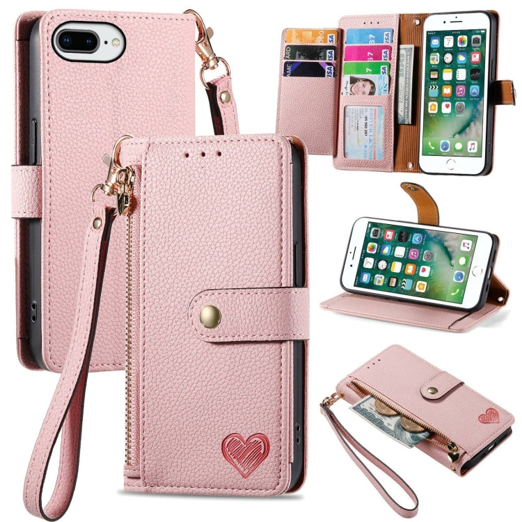愛心拉鍊掛繩皮革手機殼，適用於 iPhone 11、iPhone 11 Pro、iPhone X / XS、iPhone XR、iPhone XS Max、iPhone 7 Plus / 8 Plus、iPhone 6 Plus / 6s Plus、iPhone 6 / 6s