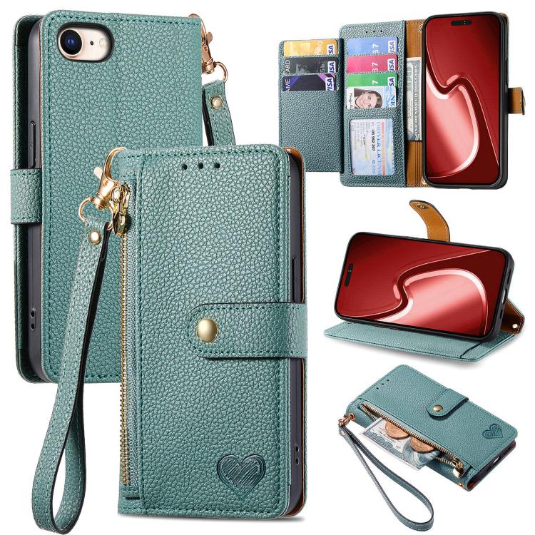 愛心拉鍊掛繩皮革手機殼，適用於 iPhone 17e / 16e，iPhone 17 Pro Max，iPhone 17 Pro，iPhone 17，iPhone Air，iPhone 16 Pro Max，iPhone 16 Pro，iPhone 16 Plus