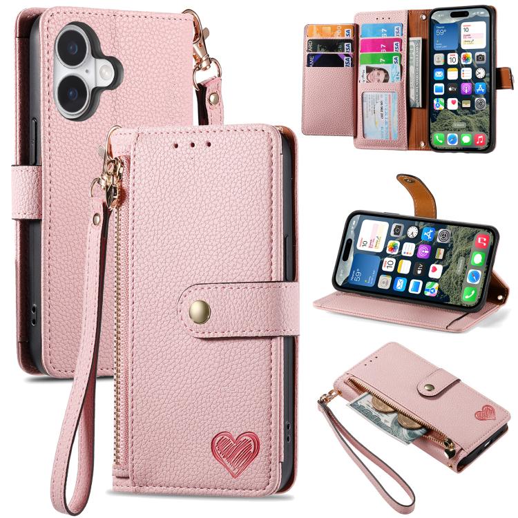 愛心拉鍊掛繩皮革手機殼，適用於 iPhone 17e / 16e，iPhone 17 Pro Max，iPhone 17 Pro，iPhone 17，iPhone Air，iPhone 16 Pro Max，iPhone 16 Pro，iPhone 16 Plus