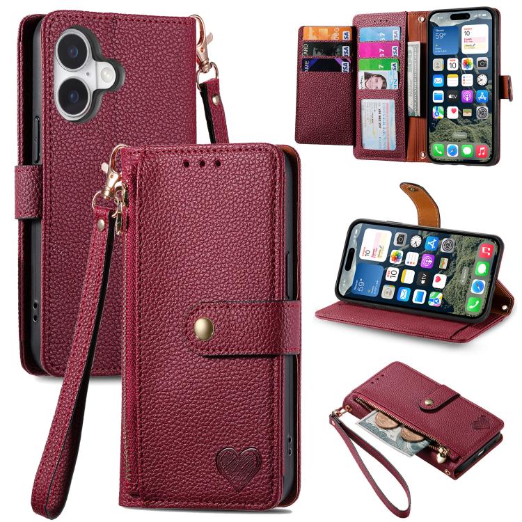 愛心拉鍊掛繩皮革手機殼，適用於 iPhone 17e / 16e，iPhone 17 Pro Max，iPhone 17 Pro，iPhone 17，iPhone Air，iPhone 16 Pro Max，iPhone 16 Pro，iPhone 16 Plus