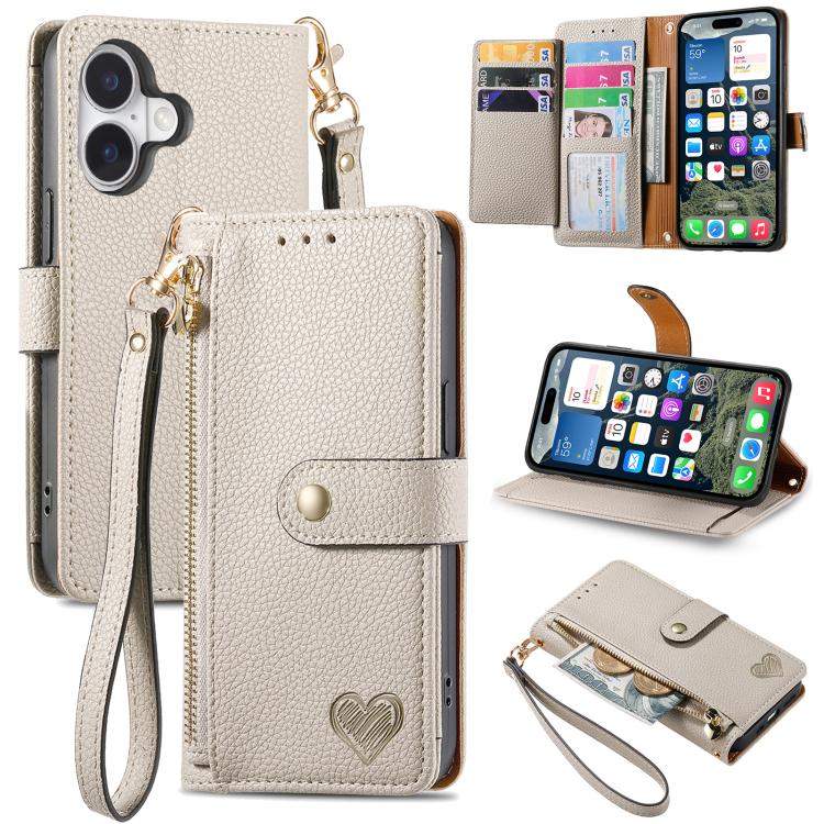 愛心拉鍊掛繩皮革手機殼，適用於 iPhone 17e / 16e，iPhone 17 Pro Max，iPhone 17 Pro，iPhone 17，iPhone Air，iPhone 16 Pro Max，iPhone 16 Pro，iPhone 16 Plus