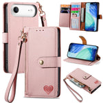愛心拉鍊掛繩皮革手機殼，適用於 iPhone 17e / 16e，iPhone 17 Pro Max，iPhone 17 Pro，iPhone 17，iPhone Air，iPhone 16 Pro Max，iPhone 16 Pro，iPhone 16 Plus