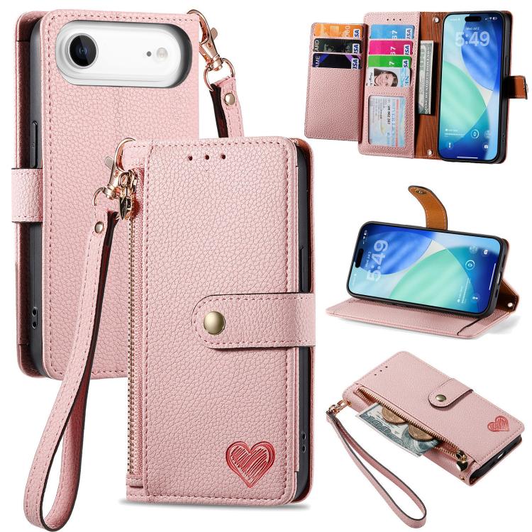 愛心拉鍊掛繩皮革手機殼，適用於 iPhone 17e / 16e，iPhone 17 Pro Max，iPhone 17 Pro，iPhone 17，iPhone Air，iPhone 16 Pro Max，iPhone 16 Pro，iPhone 16 Plus