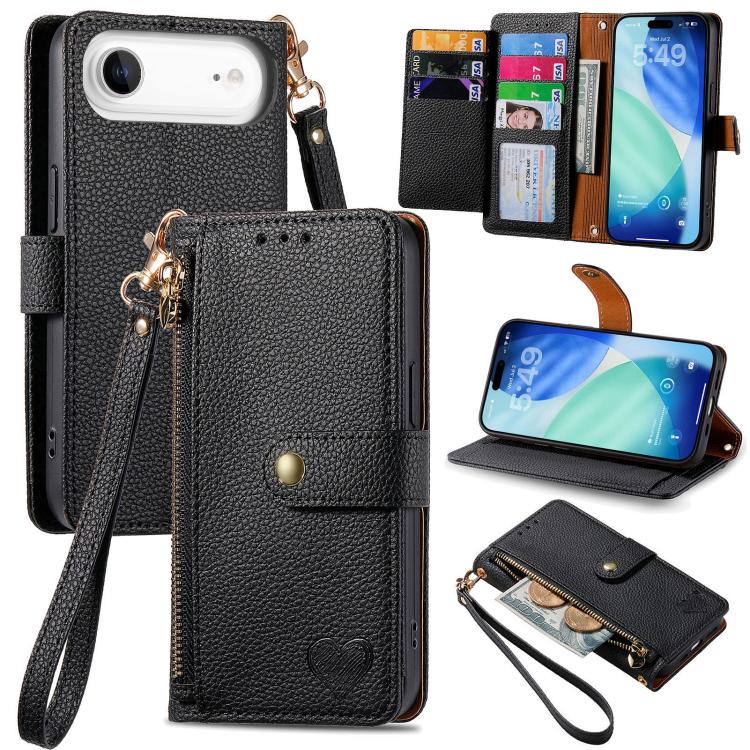 愛心拉鍊掛繩皮革手機殼，適用於 iPhone 17e / 16e，iPhone 17 Pro Max，iPhone 17 Pro，iPhone 17，iPhone Air，iPhone 16 Pro Max，iPhone 16 Pro，iPhone 16 Plus