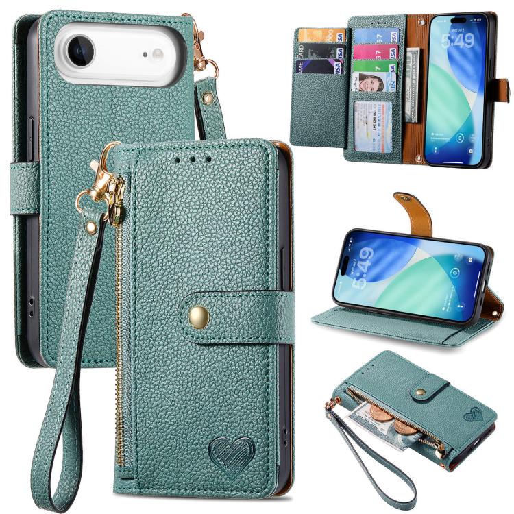 愛心拉鍊掛繩皮革手機殼，適用於 iPhone 17e / 16e，iPhone 17 Pro Max，iPhone 17 Pro，iPhone 17，iPhone Air，iPhone 16 Pro Max，iPhone 16 Pro，iPhone 16 Plus