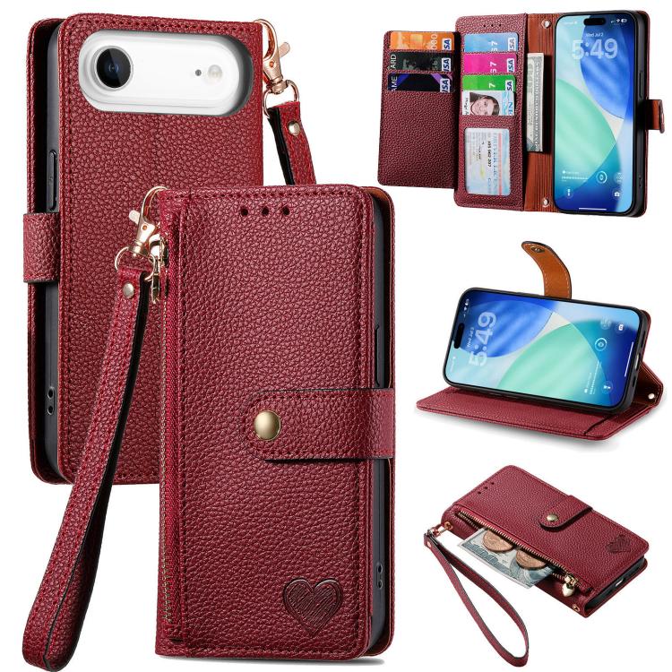 愛心拉鍊掛繩皮革手機殼，適用於 iPhone 17e / 16e，iPhone 17 Pro Max，iPhone 17 Pro，iPhone 17，iPhone Air，iPhone 16 Pro Max，iPhone 16 Pro，iPhone 16 Plus