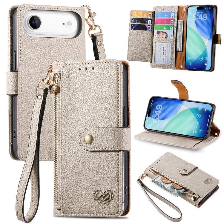 愛心拉鍊掛繩皮革手機殼，適用於 iPhone 17e / 16e，iPhone 17 Pro Max，iPhone 17 Pro，iPhone 17，iPhone Air，iPhone 16 Pro Max，iPhone 16 Pro，iPhone 16 Plus