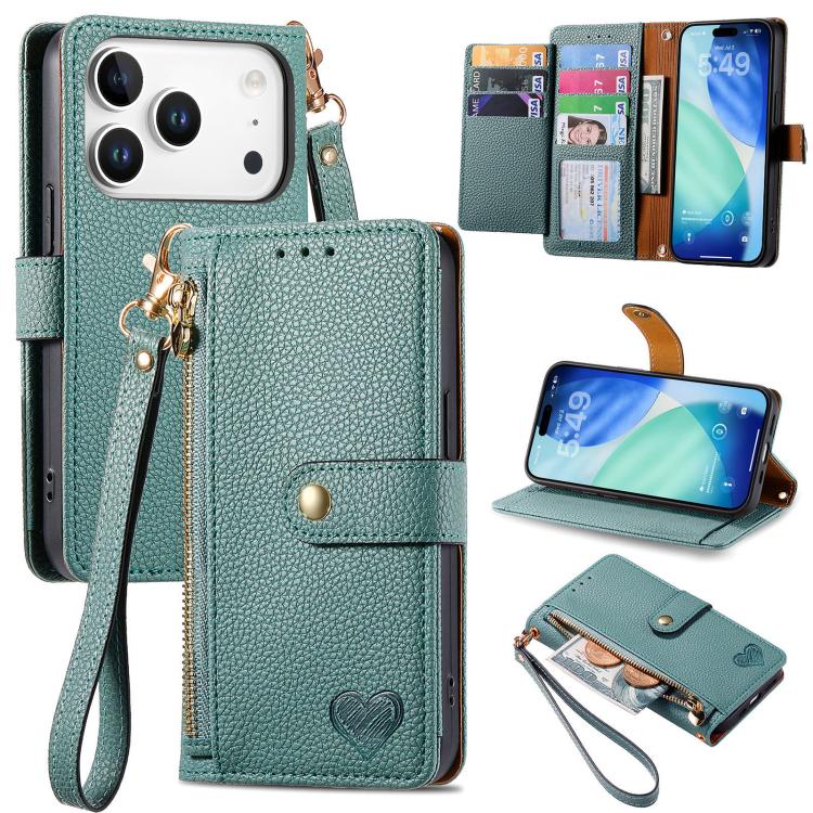 愛心拉鍊掛繩皮革手機殼，適用於 iPhone 17e / 16e，iPhone 17 Pro Max，iPhone 17 Pro，iPhone 17，iPhone Air，iPhone 16 Pro Max，iPhone 16 Pro，iPhone 16 Plus