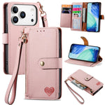 愛心拉鍊掛繩皮革手機殼，適用於 iPhone 17e / 16e，iPhone 17 Pro Max，iPhone 17 Pro，iPhone 17，iPhone Air，iPhone 16 Pro Max，iPhone 16 Pro，iPhone 16 Plus