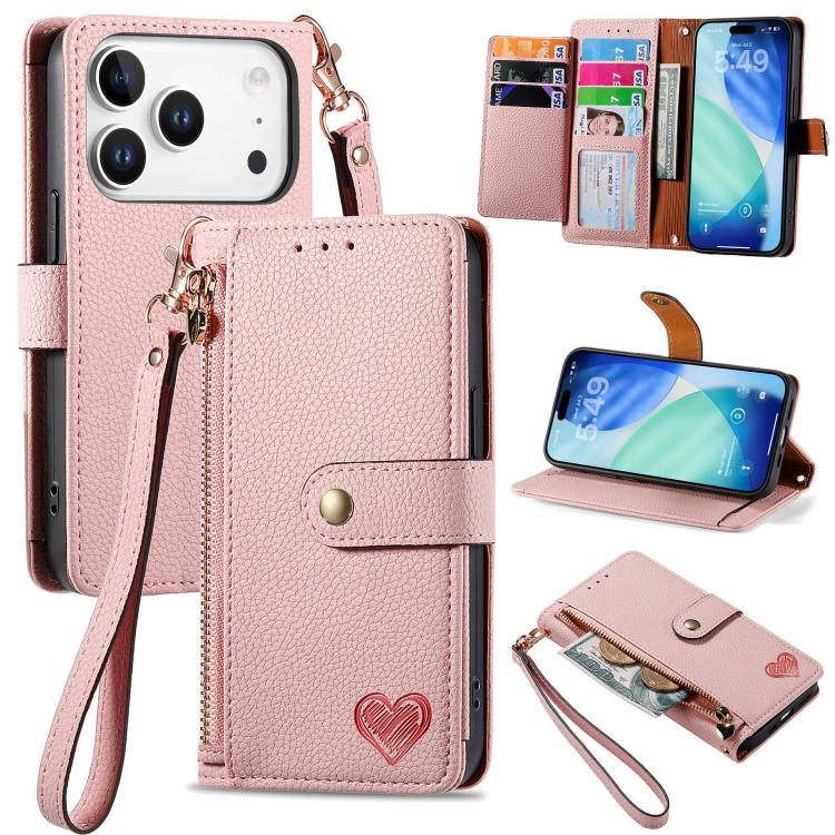 愛心拉鍊掛繩皮革手機殼，適用於 iPhone 17e / 16e，iPhone 17 Pro Max，iPhone 17 Pro，iPhone 17，iPhone Air，iPhone 16 Pro Max，iPhone 16 Pro，iPhone 16 Plus