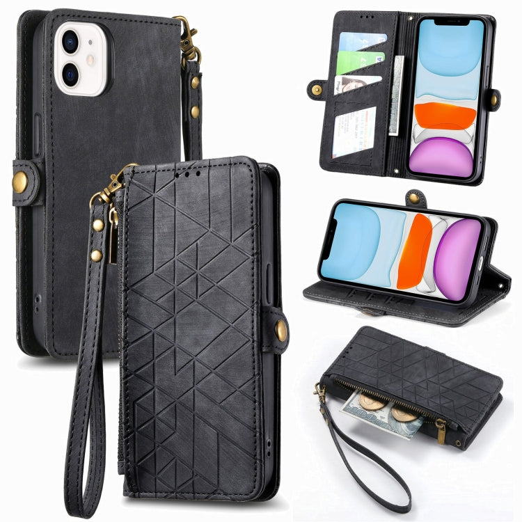 幾何拉鍊錢包側扣皮革手機殼，適用於 iPhone 11、iPhone 11 Pro、iPhone X / XS、iPhone XR、iPhone XS Max、iPhone 7 Plus / 8 Plus、iPhone 6 Plus / 6s Plus、iPhone 6 / 6s