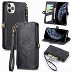 幾何拉鍊錢包側扣皮革手機殼，適用於 iPhone 11、iPhone 11 Pro、iPhone X / XS、iPhone XR、iPhone XS Max、iPhone 7 Plus / 8 Plus、iPhone 6 Plus / 6s Plus、iPhone 6 / 6s