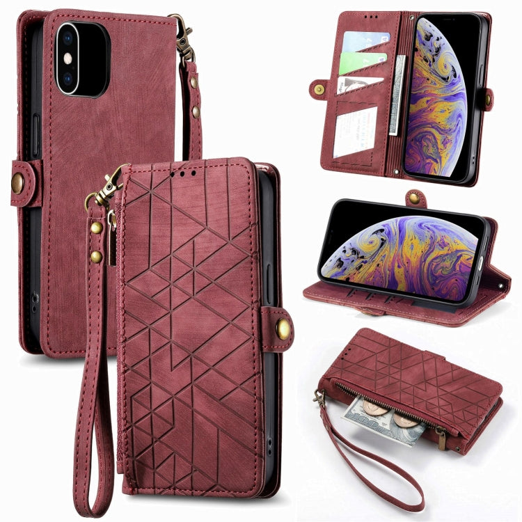 幾何拉鍊錢包側扣皮革手機殼，適用於 iPhone 11、iPhone 11 Pro、iPhone X / XS、iPhone XR、iPhone XS Max、iPhone 7 Plus / 8 Plus、iPhone 6 Plus / 6s Plus、iPhone 6 / 6s