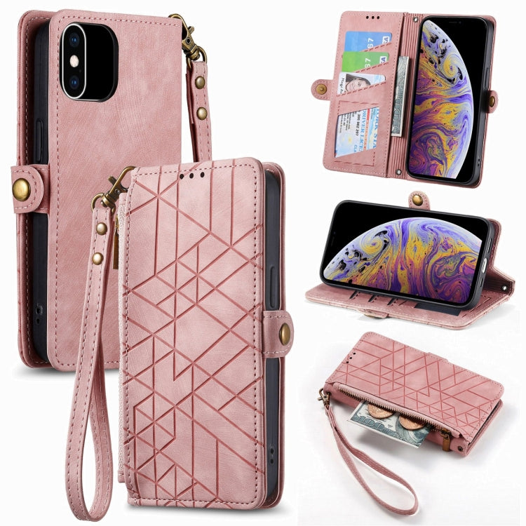幾何拉鍊錢包側扣皮革手機殼，適用於 iPhone 11、iPhone 11 Pro、iPhone X / XS、iPhone XR、iPhone XS Max、iPhone 7 Plus / 8 Plus、iPhone 6 Plus / 6s Plus、iPhone 6 / 6s