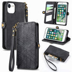 幾何拉鍊錢包側扣皮革手機殼，適用於 iPhone 11、iPhone 11 Pro、iPhone X / XS、iPhone XR、iPhone XS Max、iPhone 7 Plus / 8 Plus、iPhone 6 Plus / 6s Plus、iPhone 6 / 6s