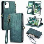 幾何拉鍊錢包側扣皮革手機殼，適用於 iPhone 11、iPhone 11 Pro、iPhone X / XS、iPhone XR、iPhone XS Max、iPhone 7 Plus / 8 Plus、iPhone 6 Plus / 6s Plus、iPhone 6 / 6s