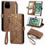 幾何拉鍊錢包側扣皮革手機殼，適用於 iPhone 11、iPhone 11 Pro、iPhone X / XS、iPhone XR、iPhone XS Max、iPhone 7 Plus / 8 Plus、iPhone 6 Plus / 6s Plus、iPhone 6 / 6s