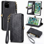 幾何拉鍊錢包側扣皮革手機殼，適用於 iPhone 11、iPhone 11 Pro、iPhone X / XS、iPhone XR、iPhone XS Max、iPhone 7 Plus / 8 Plus、iPhone 6 Plus / 6s Plus、iPhone 6 / 6s