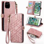 幾何拉鍊錢包側扣皮革手機殼，適用於 iPhone 11、iPhone 11 Pro、iPhone X / XS、iPhone XR、iPhone XS Max、iPhone 7 Plus / 8 Plus、iPhone 6 Plus / 6s Plus、iPhone 6 / 6s