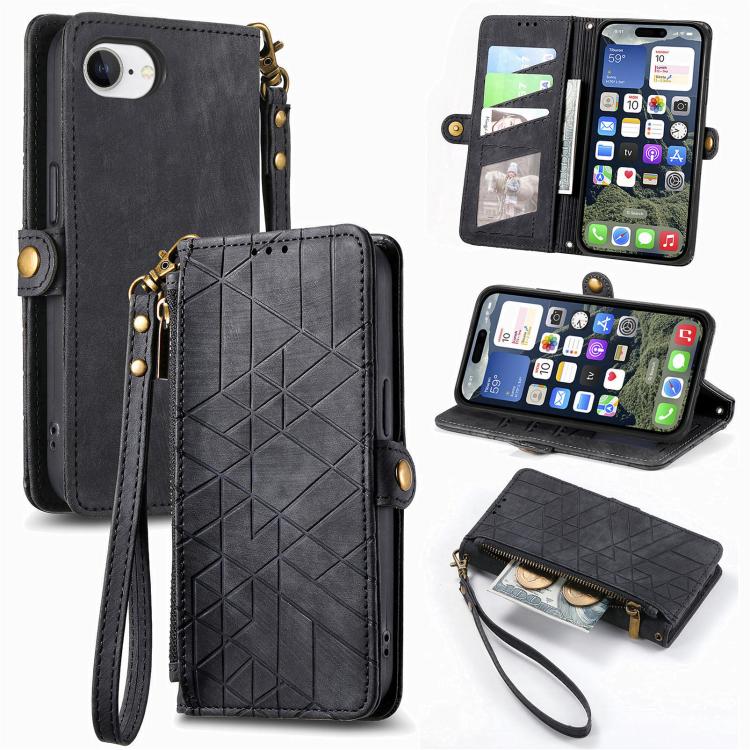 幾何拉鍊錢包側扣皮革手機殼，適用於 iPhone 17e / 16e、iPhone 17 Pro Max、iPhone 17 Pro、iPhone 17、iPhone Air、iPhone 16 Pro Max、iPhone 16 Pro、iPhone 16 Plus
