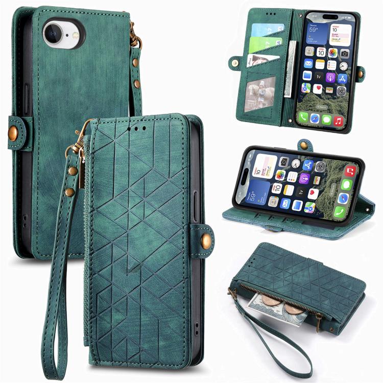 幾何拉鍊錢包側扣皮革手機殼，適用於 iPhone 17e / 16e、iPhone 17 Pro Max、iPhone 17 Pro、iPhone 17、iPhone Air、iPhone 16 Pro Max、iPhone 16 Pro、iPhone 16 Plus