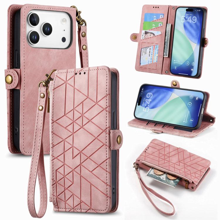 幾何拉鍊錢包側扣皮革手機殼，適用於 iPhone 17e / 16e、iPhone 17 Pro Max、iPhone 17 Pro、iPhone 17、iPhone Air、iPhone 16 Pro Max、iPhone 16 Pro、iPhone 16 Plus